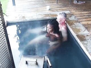 "Steam, Sun & Serenity" Ebony Secretary fucks her boss in the hottub