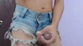 Pretty Blonde Tranny Plays with Her Cock and Cum