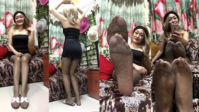 Wearing Grey Nylon with Sexy Dress101