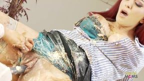 Brunette girl having lesbian sex with a friend for her birthday