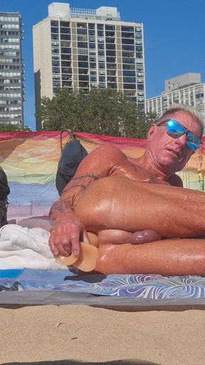 Key West oiled up using his new larger dildo at the beach