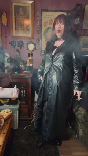 Smoking Mature, Tina Snua Smoking A Cigarette In A Full Length Leather Coat - Smoker