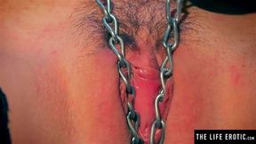 Watch this stockinged girl cram her fingers in hairy pussy