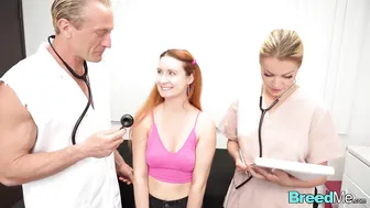 Nurse Violet takes two loads from a big cock in a medical threesome