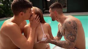 Busty Latina invites neighbor for round ass and giant tits