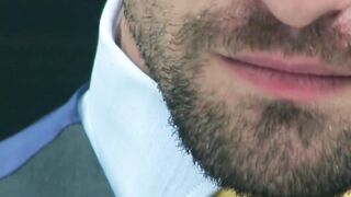 Bearded businessmen drills HR hunk for better evaluation