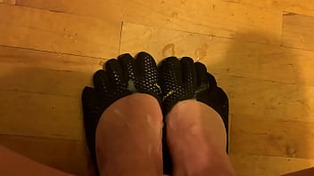 HUGE cumshot on Vibram Five-Fingers shoes