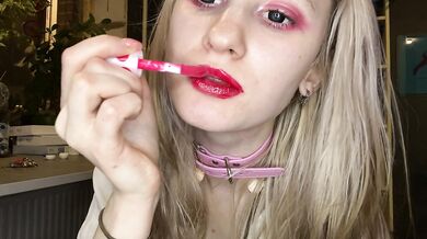 Sweetly caresses herself with a big dick stretching her tight little pussy