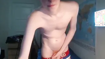 Uncut ginger twink in panties pulls them down to show off