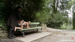 ”Strapped blonde screwed in the woods”