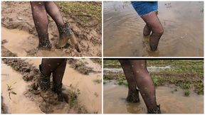 Sexy girl in crocodile ankle boots is walking in deep mud