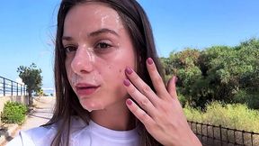 Naughty session of public disgrace: hot chick enjoys cumwalking after a nice outdoor blowjob