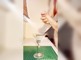 Big Cock Jerking off in to Cocktail Glass then using Cum as Lube