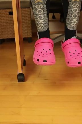 Sock Removal &amp; Clog Shoeplay Under the Desk - Grey Leggings, Pink Clogs &amp; Nylons