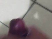 Asian boy cum on rainy day