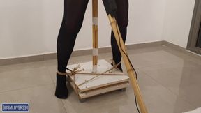 Shaking Legs in Black Pantyhose Standing Pole Bondage with None Stop Orgasms- Colored Version