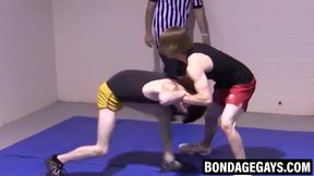 Slim gays spar intensely while stripping naked with hard cocks