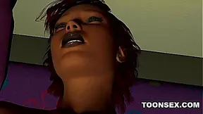 3D cartoon redhead babe plays with herself in bed