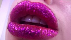 Glittery purple lipstick tease