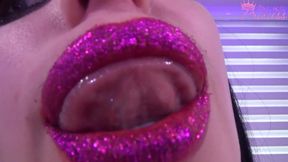 Glittery purple lipstick tease