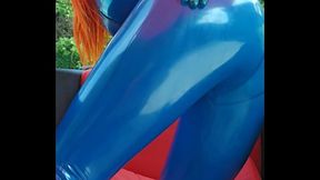 Blue Latex Catsuit Dress Up &amp_ Throat Fuck