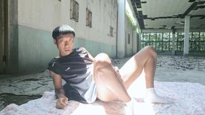 Cute Asian boy masturbates, moaning, ejaculating, and consuming fluids in a dreamlike light and shadow environment