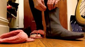 white polished milf gets home, removes boot, slips into fuzzy sflip flops, foot fetish