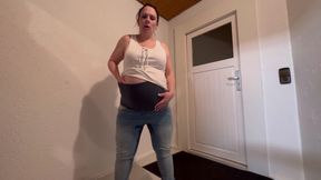 Pregnant stepmother pisses in her jeans and then gets it herself
