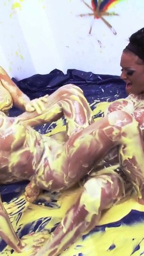 Three hot ladies masturbate after a food fight   Clip 1