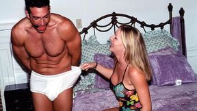 Muscle Bound Frank Simps For Amber Michaels As She Has Him Hop Around In Tighty Whities!