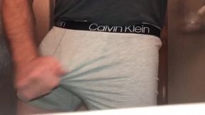 Bear busts in boxers gagged by piss and cum overload right after