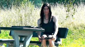 Crossdresser outdoors pulls out his slip