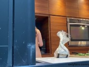 busty brunette Quinn Finite naked in her kitchen