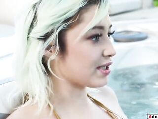 AdultMovs.com - Tiny honey begins masturbating ifo her bf in the hottub.That babe desires to watch his large ebony weenie and deepthroat it.The brunettes licked and rides