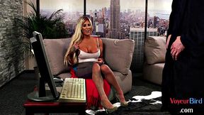 Stunning secretary watches him wank and tells him how