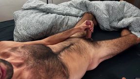 Intense ASMR moaning loud gay orgasm edging big cumshots on hairy body