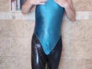Spandex boy rubbing myself in shiny Leohex suit and tights