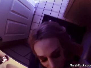 Pornstar Sarah Jessie gives a BJ in the washroom