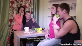 Double date turns wild at sex party with shaved pussy and group sex