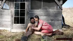Hairy cougar with giant natural breasts and a bushy cunt worships a thick member