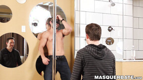 Bearded Alexandre dances on a pole before stroking his huge cock