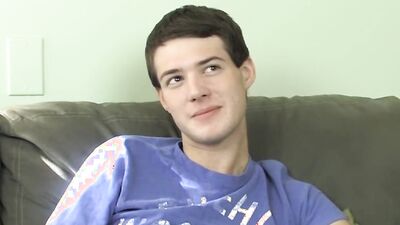 Cute twink has fun at an interview before stripping and jerking off