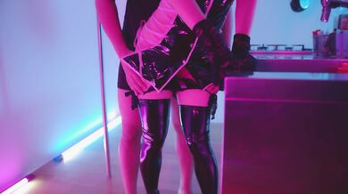 The café girl in leather nurse cosplay swallows every drop till her throat gags