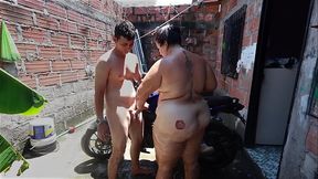 NEIGHBOR HELPS ME WASH MY MOTORCYCLE AND THEN FUCKS MY BIG ASS