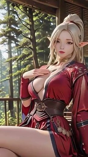 Red Robe Elf Sorceress! Sun-dappled Forest Terrace, Kneeling Gaze That Melts You Instantly