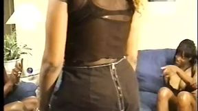 Five sexy black honeys slurp cock on the settee