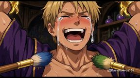 Bound In The Wizard's Study - Enchanted Paintbrushes On His Ribs And Belly (2D Anime)