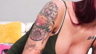 Red-haired milf sucks cock in front of her husband - Older woman sucking dick on camera .