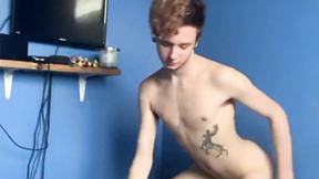 Adorable twink Lewis Brown dildo fucks himself while jerking off