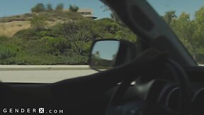 Seductive transgender hitchhiker gets naughty in drivers trans am
